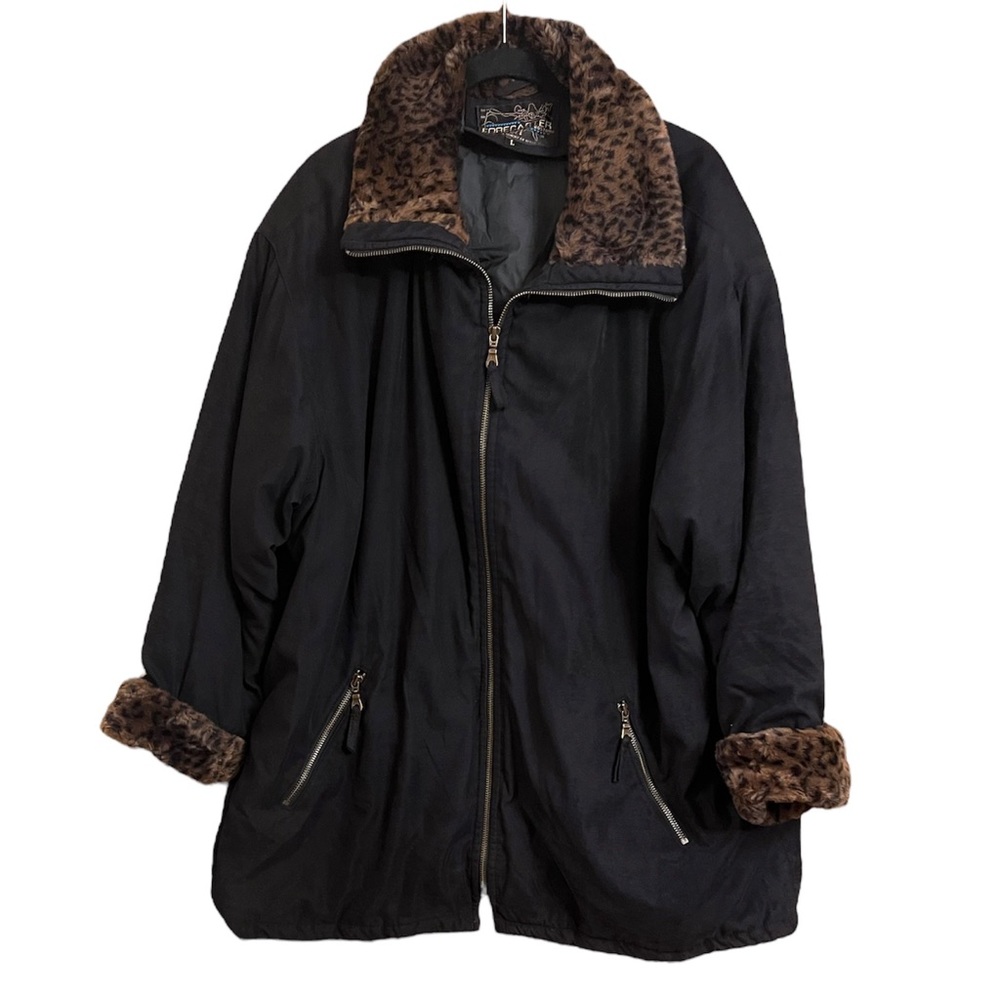 Forecaster, Black & Faux Leopard Fur Winter Coat, Size L